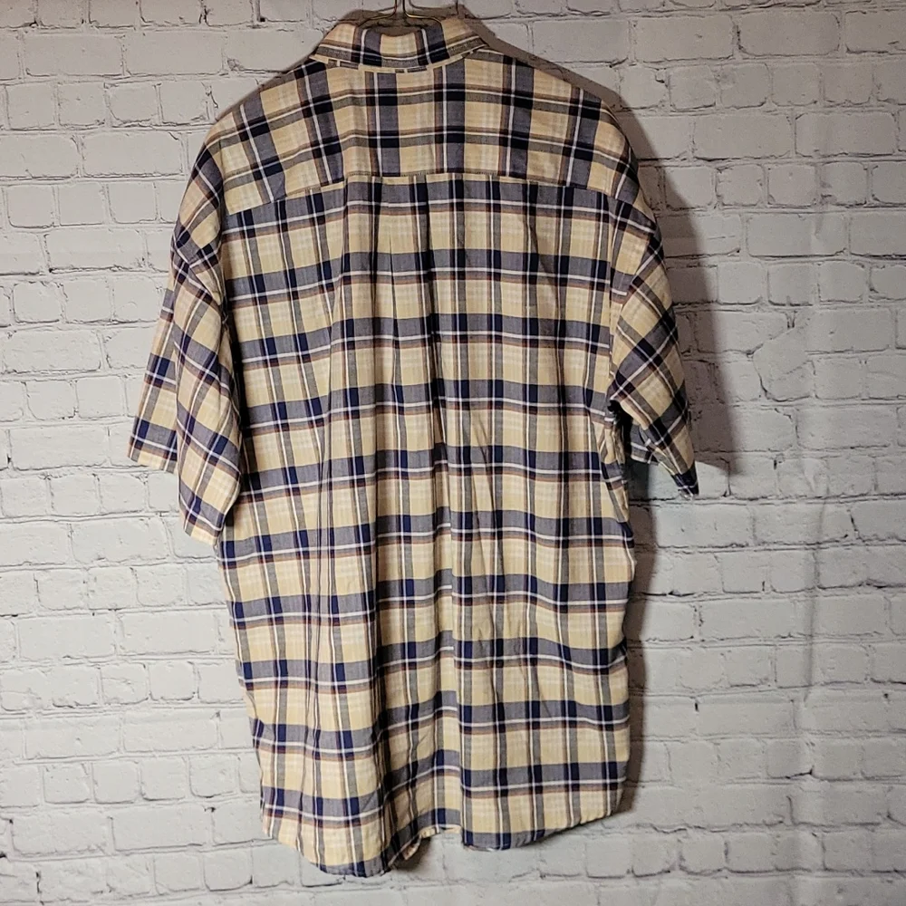 Men's LOAFERS Size XL blue tan plaid Shirt button down wrinkle resistant